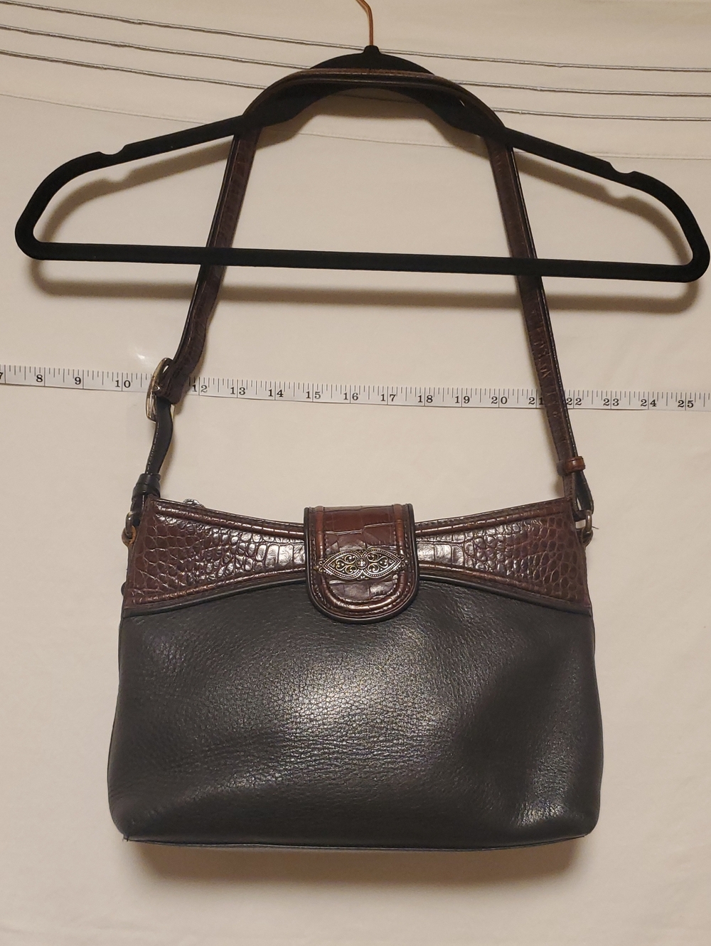 Vintage Brighton Brown/ Black Leather Shoulder Bag Croc Emboss Details